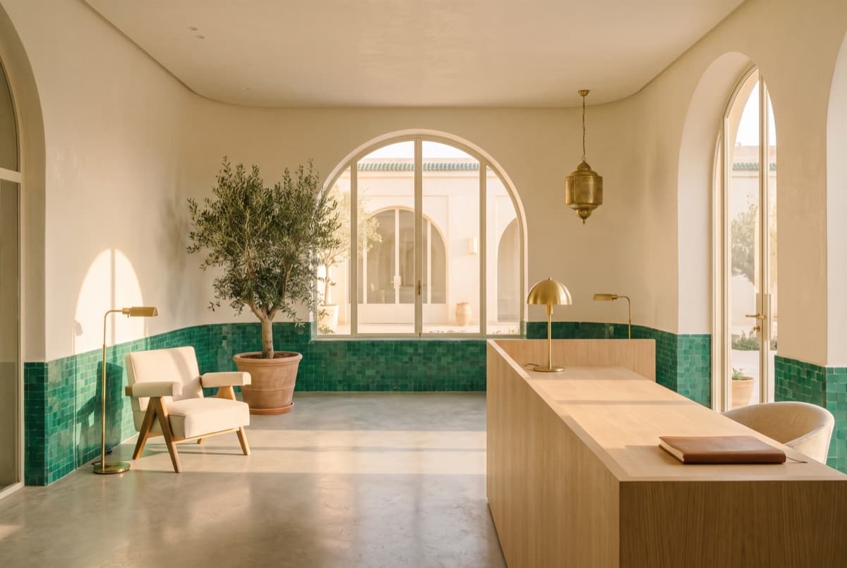 Hall d’accueil marocain contemporain, arcades, zellige vert et comptoir en bois clair en fin d’après midi