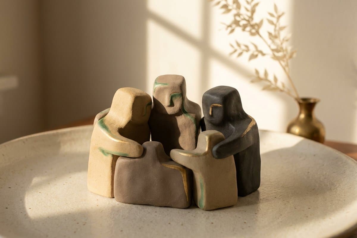 Petits personnages en pâte à modeler réunis en équipe sur fond crème, accents vert et or